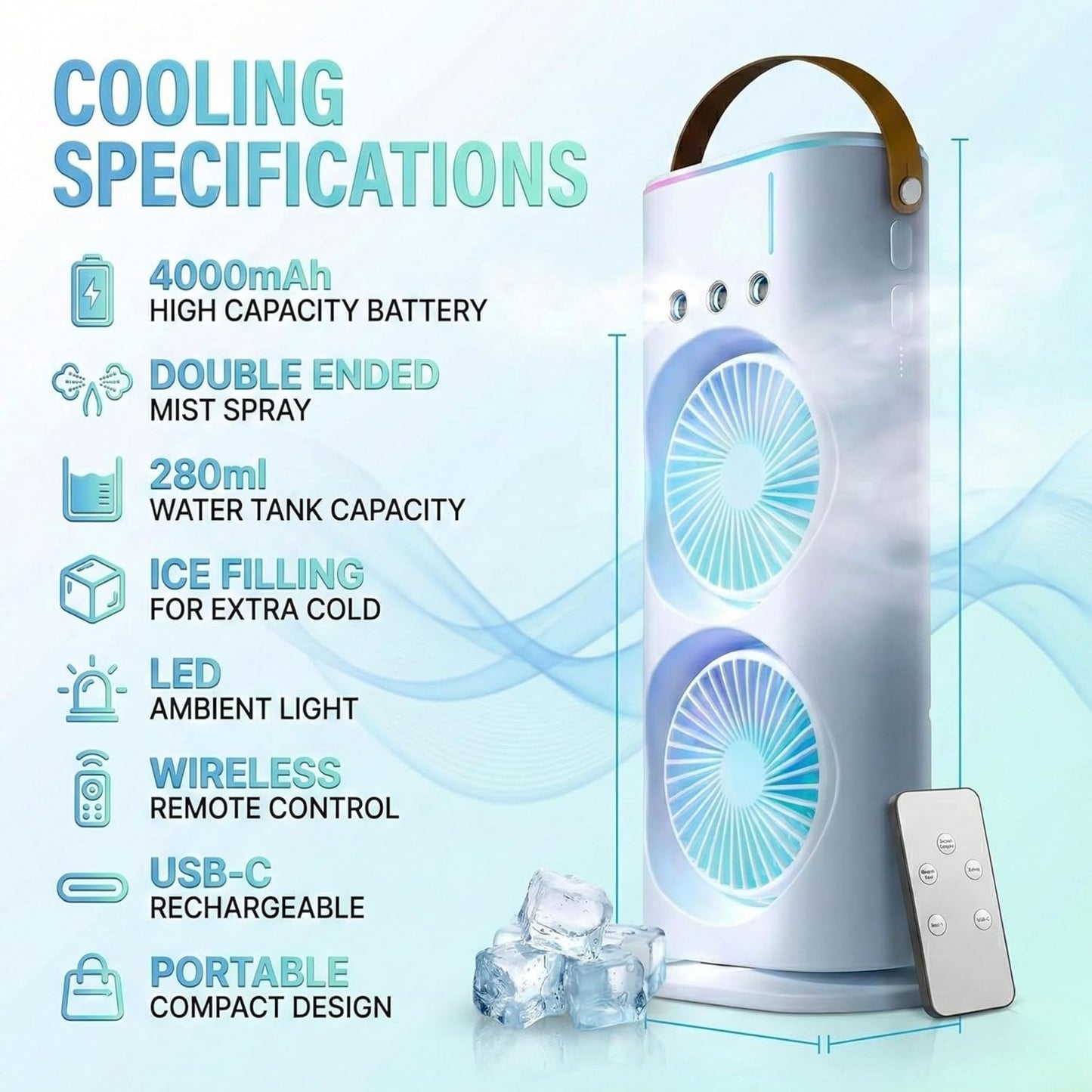 Double Ended Spray USB Rechargeable Portable Mini AC Cooler with Water Mist