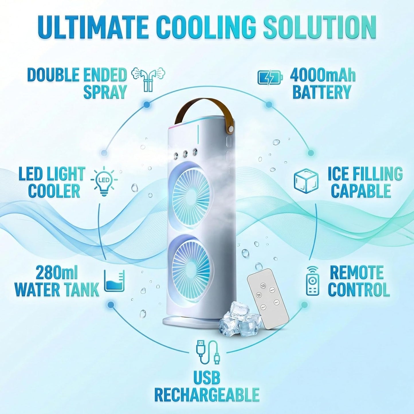 Double Ended Spray USB Rechargeable Portable Mini AC Cooler with Water Mist