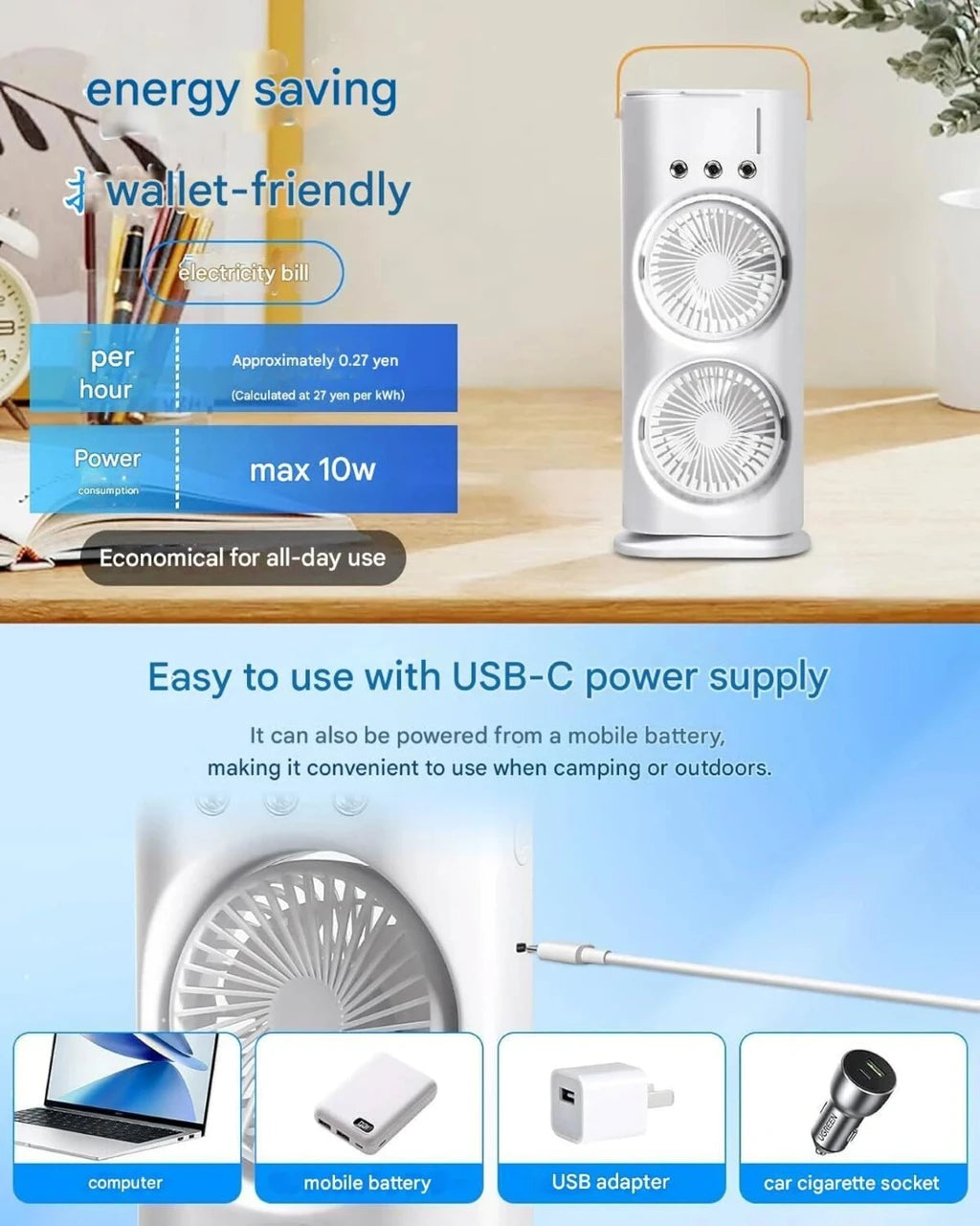 Double Ended Spray USB Rechargeable Portable Mini AC Cooler with Water Mist